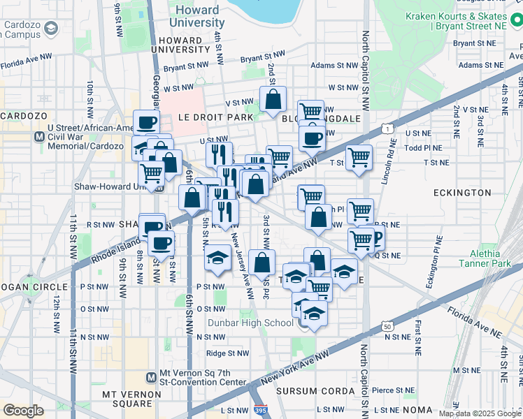 map of restaurants, bars, coffee shops, grocery stores, and more near 304 Florida Avenue Northwest in Washington