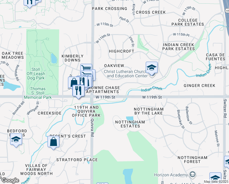 map of restaurants, bars, coffee shops, grocery stores, and more near 11621 West 118th Terrace in Overland Park