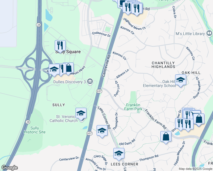 map of restaurants, bars, coffee shops, grocery stores, and more near 3227 Allness Lane in Herndon