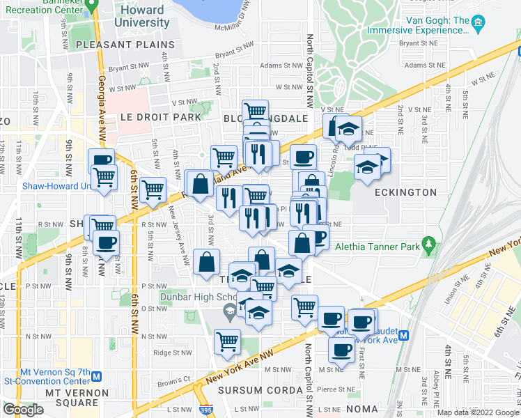 map of restaurants, bars, coffee shops, grocery stores, and more near 1st St NW & Randolph Pl NW in Washington