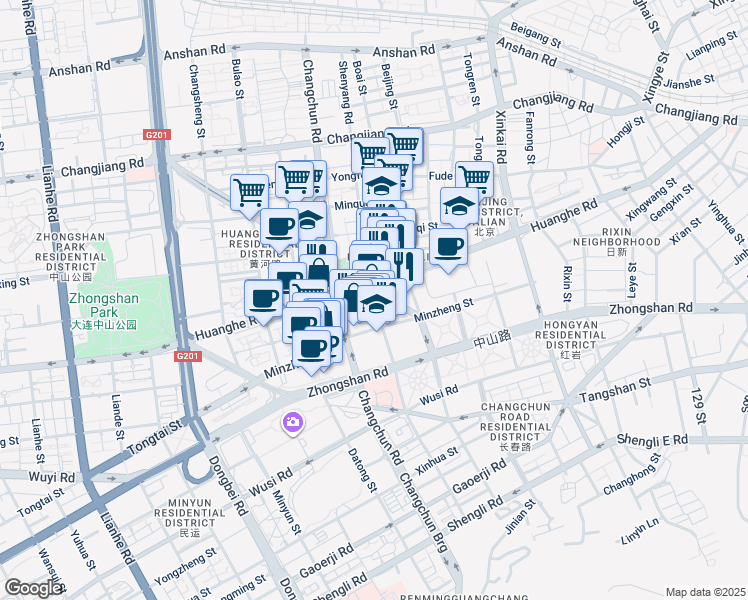 map of restaurants, bars, coffee shops, grocery stores, and more near 121 Shen Yang Lu in Dalian Shi