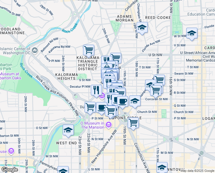 map of restaurants, bars, coffee shops, grocery stores, and more near 1722 Connecticut Avenue Northwest in Washington