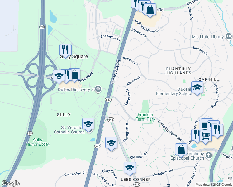 map of restaurants, bars, coffee shops, grocery stores, and more near 3227 Allness Lane in Herndon