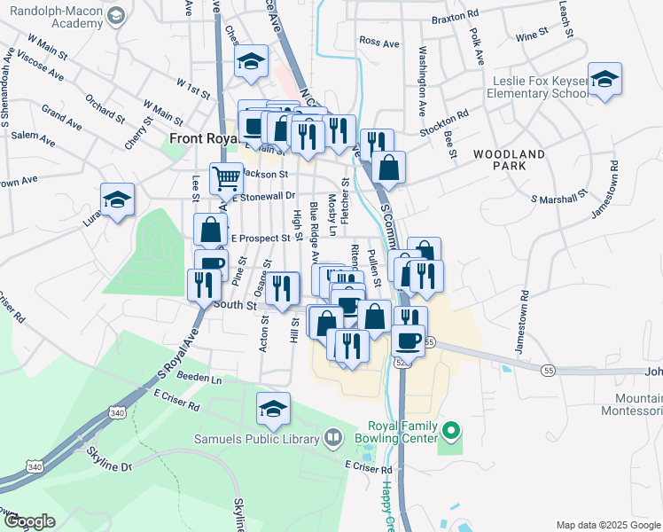 map of restaurants, bars, coffee shops, grocery stores, and more near 328 Barton Street in Front Royal