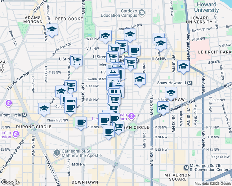 map of restaurants, bars, coffee shops, grocery stores, and more near 14th Street Northwest & Riggs Street Northwest in Washington