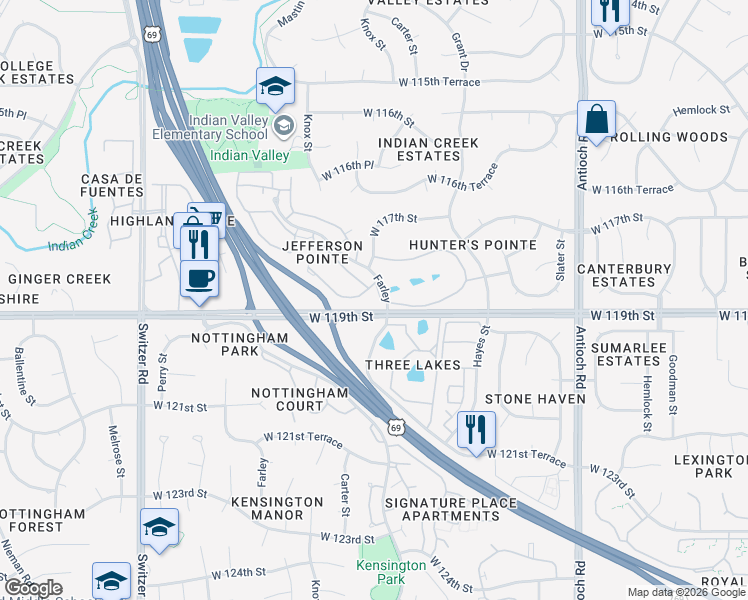map of restaurants, bars, coffee shops, grocery stores, and more near 11810 Farley in Overland Park