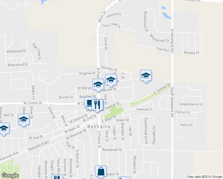 map of restaurants, bars, coffee shops, grocery stores, and more near 225 James Street in Bethalto