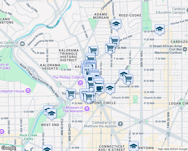 map of restaurants, bars, coffee shops, grocery stores, and more near 1725 20th Street Northwest in Washington
