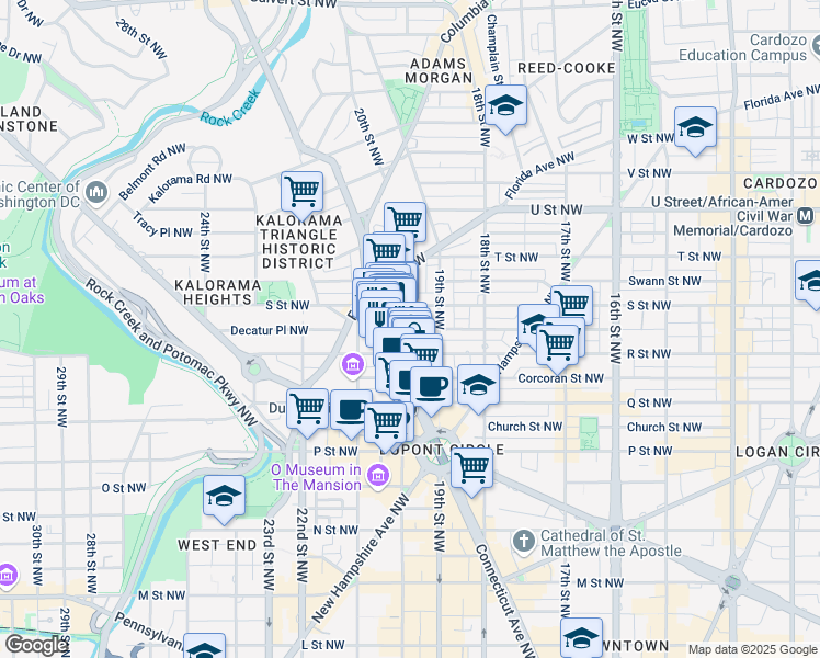 map of restaurants, bars, coffee shops, grocery stores, and more near 1725 20th Street Northwest in Washington