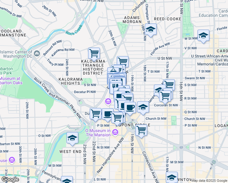 map of restaurants, bars, coffee shops, grocery stores, and more near 1724 Connecticut Avenue Northwest in Washington