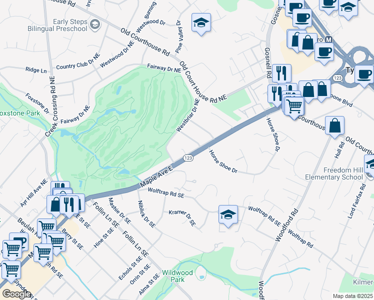 map of restaurants, bars, coffee shops, grocery stores, and more near 101 Oakmont Court Northeast in Vienna