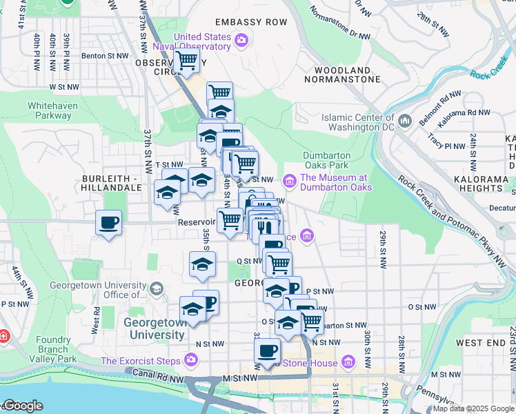 map of restaurants, bars, coffee shops, grocery stores, and more near 3260 R Street Northwest in Washington