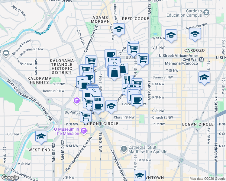 map of restaurants, bars, coffee shops, grocery stores, and more near 18th St NW & Riggs Pl NW in Washington