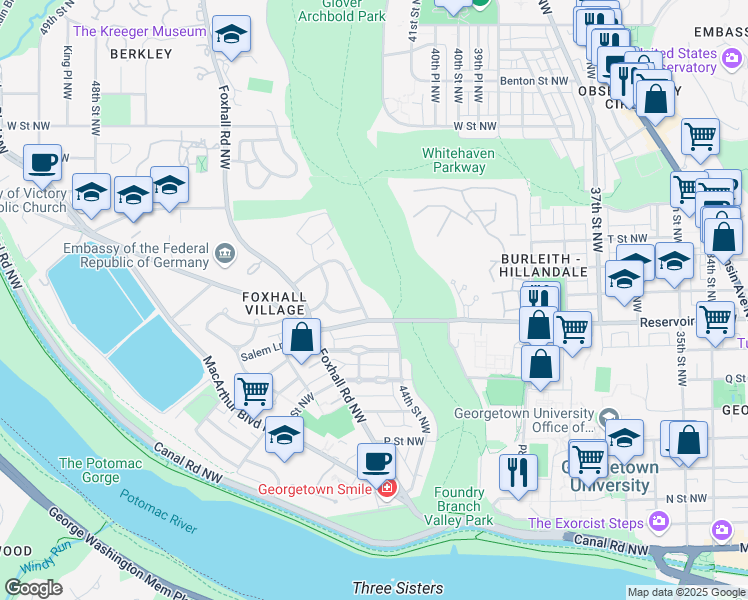 map of restaurants, bars, coffee shops, grocery stores, and more near 4437 Reservoir Road Northwest in Washington