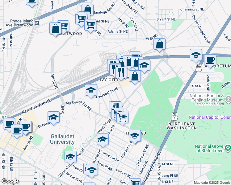 map of restaurants, bars, coffee shops, grocery stores, and more near 1850 Providence Street Northeast in Washington