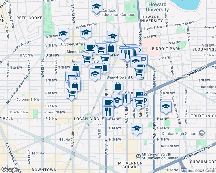 map of restaurants, bars, coffee shops, grocery stores, and more near 1725 11th Street Northwest in Washington