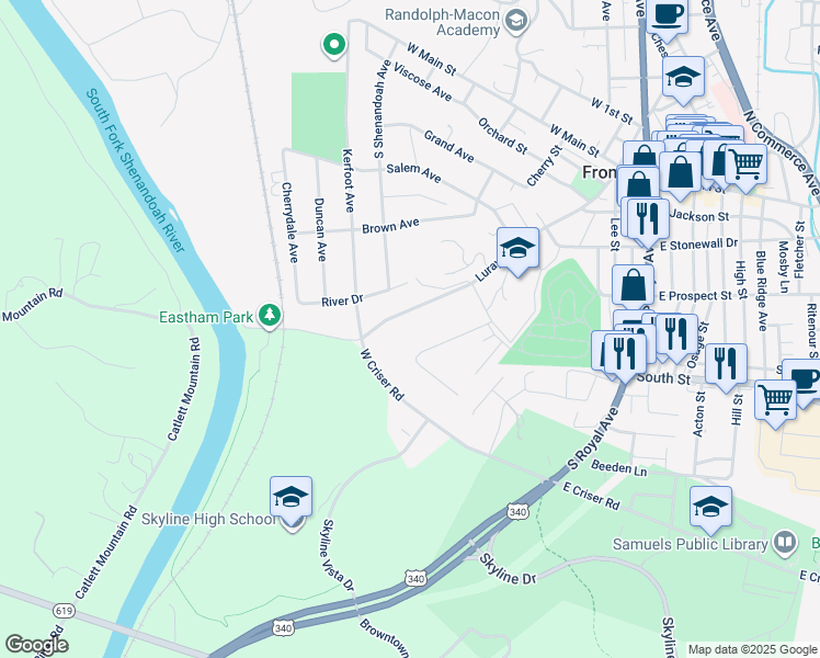 map of restaurants, bars, coffee shops, grocery stores, and more near 420 Luray Avenue in Front Royal