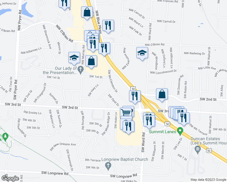 map of restaurants, bars, coffee shops, grocery stores, and more near 204 Southwest McClendon Drive in Lee's Summit