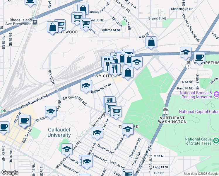 map of restaurants, bars, coffee shops, grocery stores, and more near 1852 Providence Street Northeast in Washington