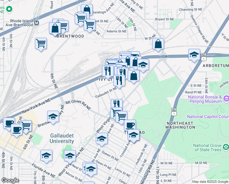 map of restaurants, bars, coffee shops, grocery stores, and more near 1852 Providence Street Northeast in Washington