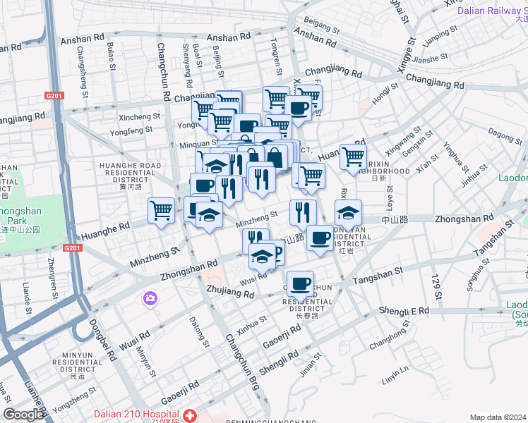 map of restaurants, bars, coffee shops, grocery stores, and more near Beijing Street in Da Lian Shi