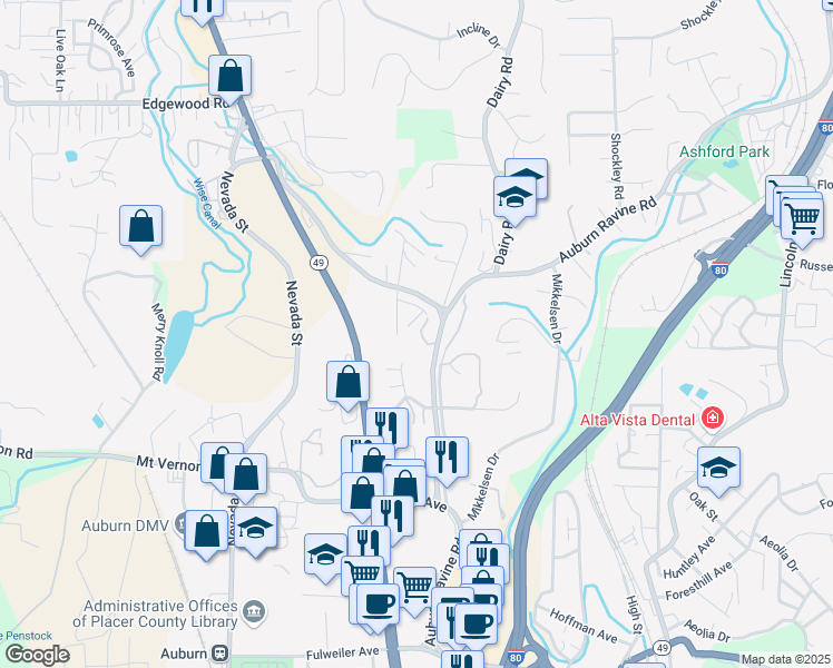 map of restaurants, bars, coffee shops, grocery stores, and more near 831 Auburn Ravine Road in Auburn
