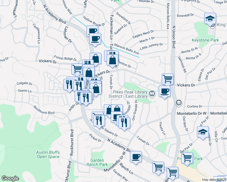 map of restaurants, bars, coffee shops, grocery stores, and more near 5625 Tomah Drive in Colorado Springs