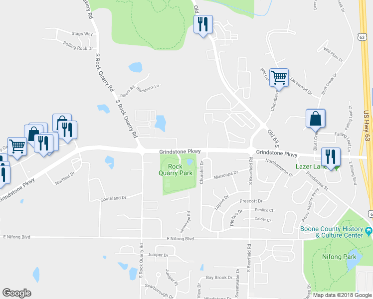 map of restaurants, bars, coffee shops, grocery stores, and more near 2001 Grindstone Parkway in Columbia