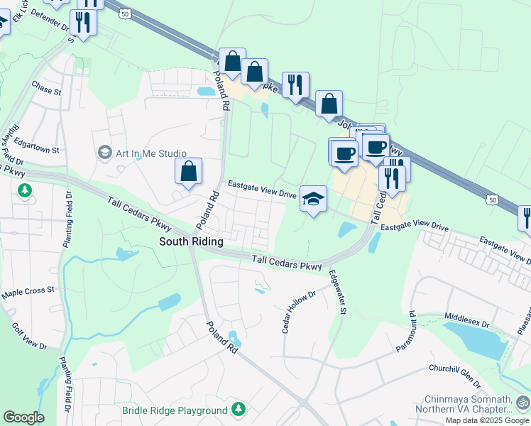 map of restaurants, bars, coffee shops, grocery stores, and more near 25445 Hopton House Terrace in Chantilly