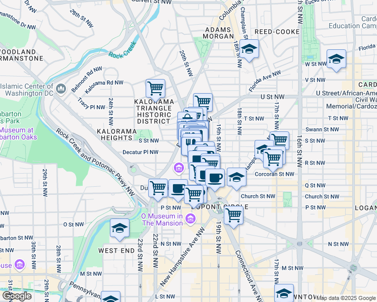 map of restaurants, bars, coffee shops, grocery stores, and more near 1724 Connecticut Avenue Northwest in Washington