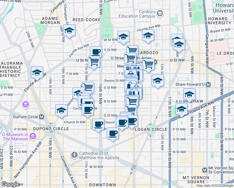 map of restaurants, bars, coffee shops, grocery stores, and more near 1715 15th Street Northwest in Washington