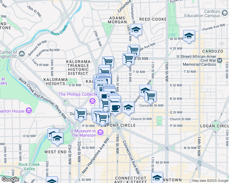 map of restaurants, bars, coffee shops, grocery stores, and more near 1722 19th Street Northwest in Washington