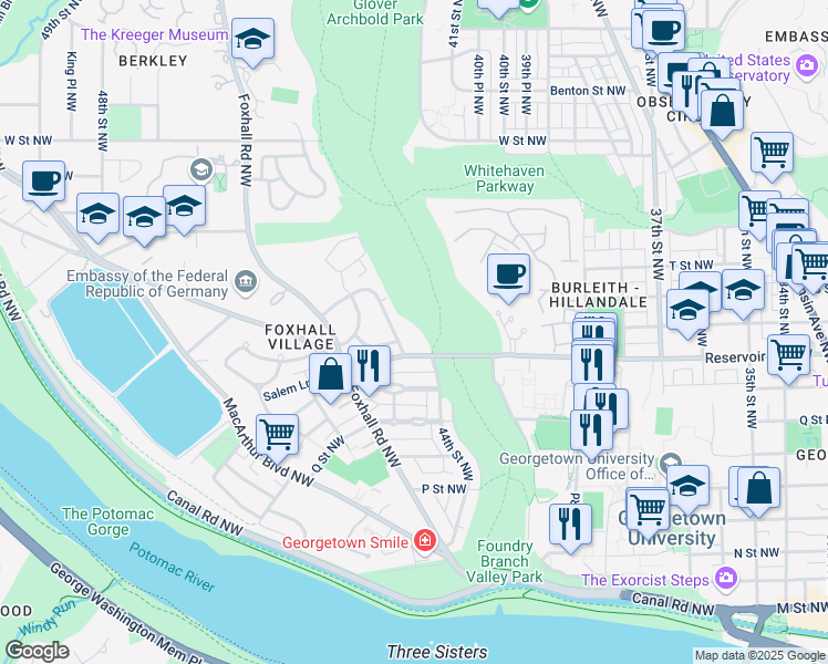 map of restaurants, bars, coffee shops, grocery stores, and more near 4437 Reservoir Road Northwest in Washington