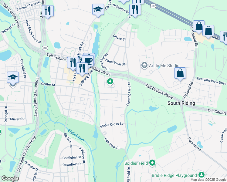 map of restaurants, bars, coffee shops, grocery stores, and more near 25458 Upper Clubhouse Drive in Chantilly