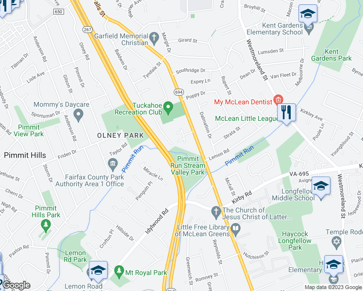 map of restaurants, bars, coffee shops, grocery stores, and more near 1908 Woodgate Lane in McLean