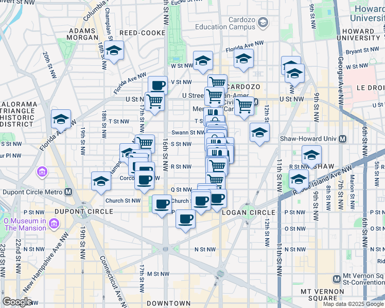 map of restaurants, bars, coffee shops, grocery stores, and more near 1715 15th Street Northwest in Washington
