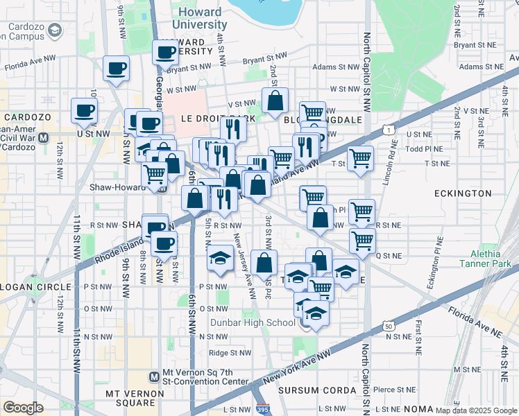map of restaurants, bars, coffee shops, grocery stores, and more near 101 Independence Avenue Southeast in Washington