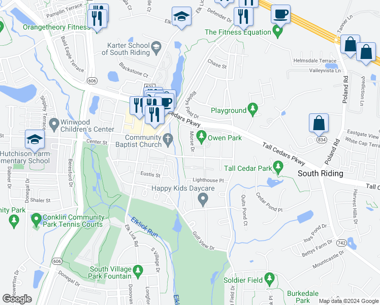map of restaurants, bars, coffee shops, grocery stores, and more near 25445 Morse Drive in Chantilly