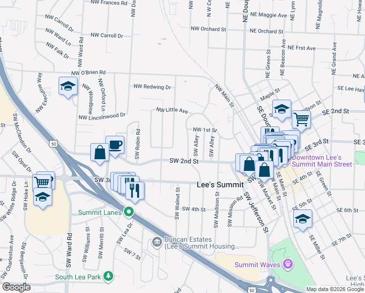 map of restaurants, bars, coffee shops, grocery stores, and more near 507 Southwest 1st Terrace in Lee's Summit