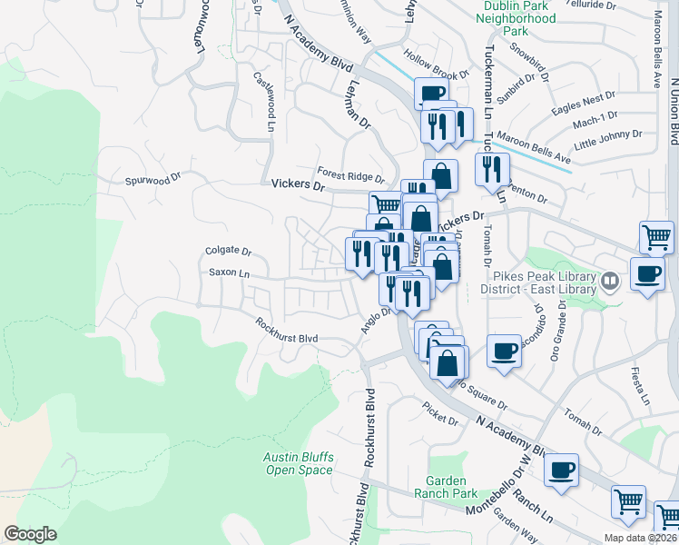 map of restaurants, bars, coffee shops, grocery stores, and more near 5609 Siam Heights in Colorado Springs