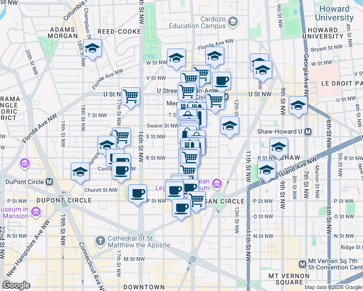 map of restaurants, bars, coffee shops, grocery stores, and more near 1741 Johnson Avenue Northwest in Washington