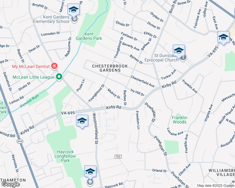 map of restaurants, bars, coffee shops, grocery stores, and more near 6534 Mulroy Street in McLean
