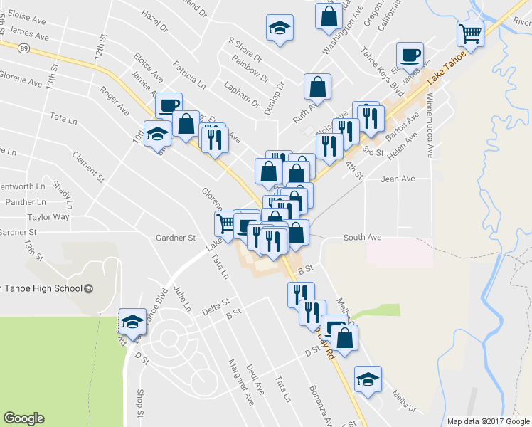 map of restaurants, bars, coffee shops, grocery stores, and more near Emerald Bay Road & Lake Tahoe Boulevard in South Lake Tahoe