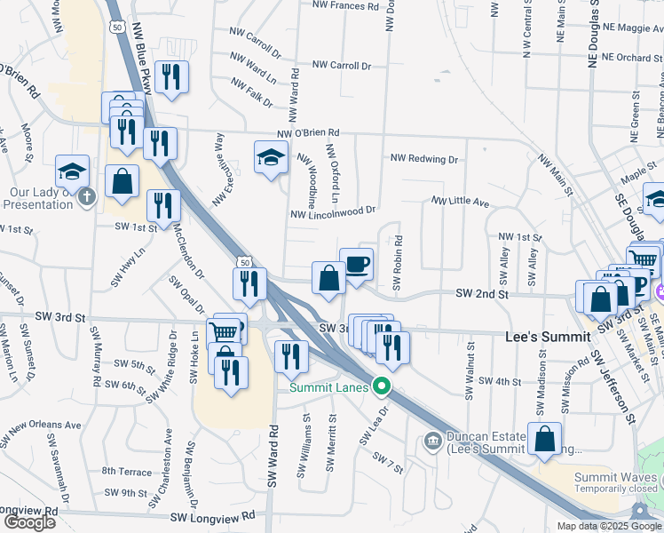 map of restaurants, bars, coffee shops, grocery stores, and more near 140 Southwest Oxford Place in Lee's Summit