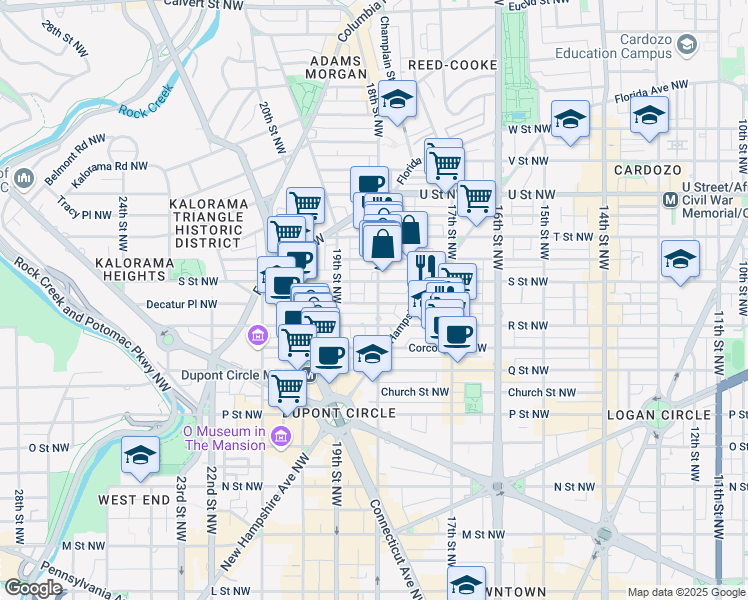 map of restaurants, bars, coffee shops, grocery stores, and more near 1740 18th Street Northwest in Washington