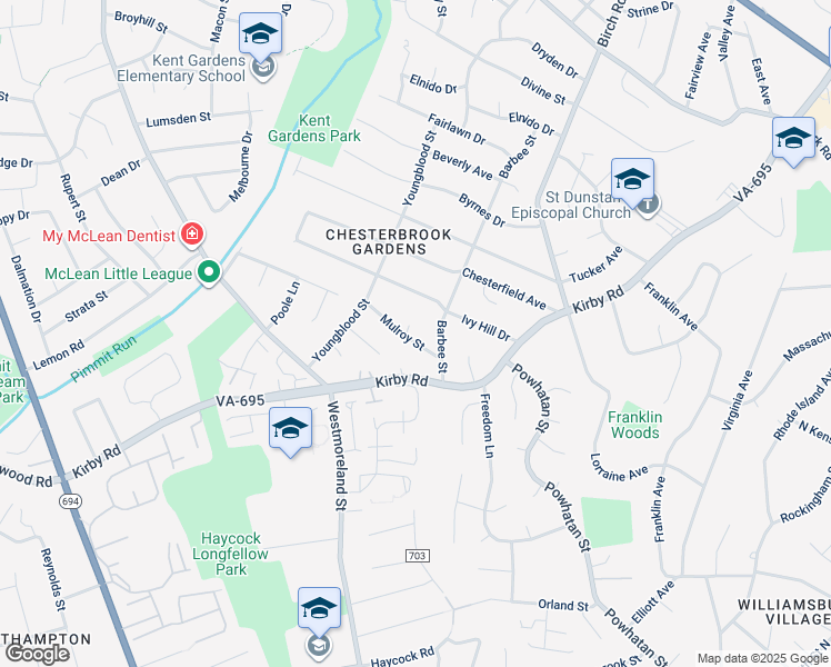 map of restaurants, bars, coffee shops, grocery stores, and more near 6534 Mulroy Street in McLean