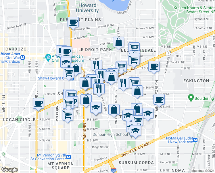 map of restaurants, bars, coffee shops, grocery stores, and more near 1718 4th Street Northwest in Washington