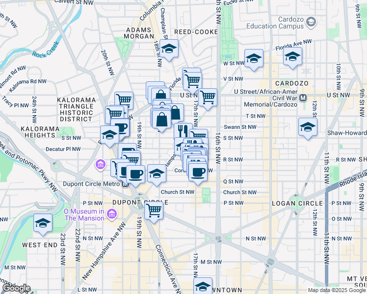 map of restaurants, bars, coffee shops, grocery stores, and more near 1751 New Hampshire Avenue Northwest in Washington