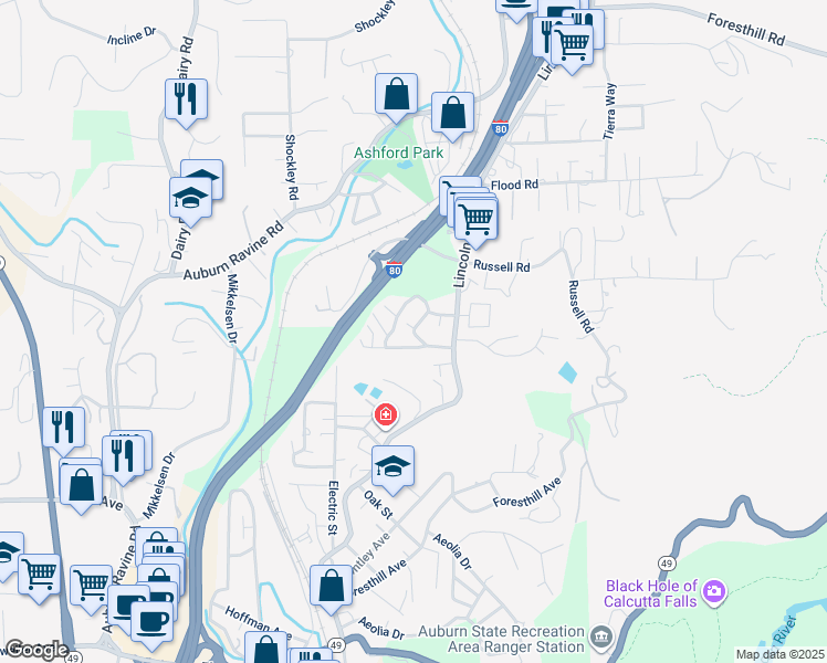 map of restaurants, bars, coffee shops, grocery stores, and more near Auburn Woods in Auburn