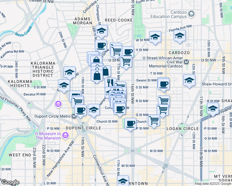 map of restaurants, bars, coffee shops, grocery stores, and more near 1724 17th Street Northwest in Washington